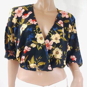 HEART & HIPS Blouse Surplice 3/4 Sleeves Floral Crop S